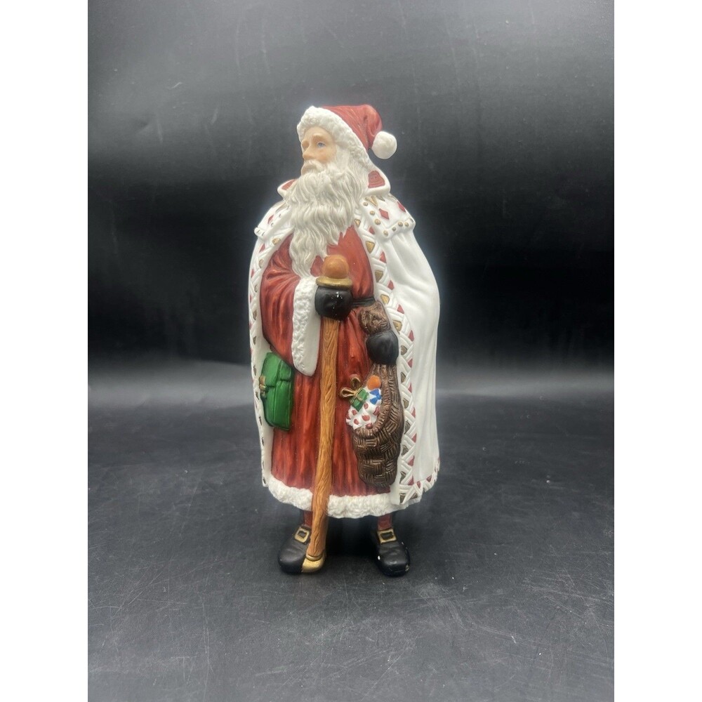 Traditions Santa Claus Porcelain Figurine Red Robe White Cape Staff 8" W/ Box